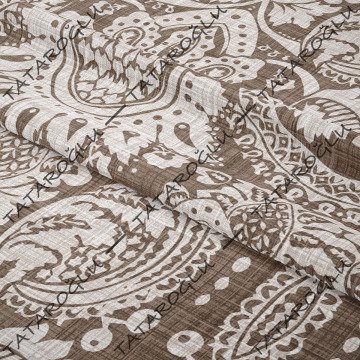 Kahve Krem Keten Efektli Damask Desenli Kumaş