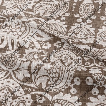 Kahve Krem Keten Efektli Damask Desenli Kumaş