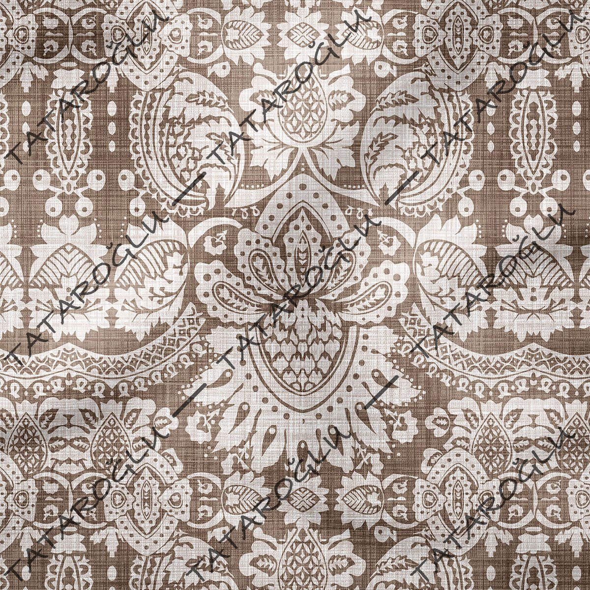 Kahve Krem Keten Efektli Damask Desenli Kumaş