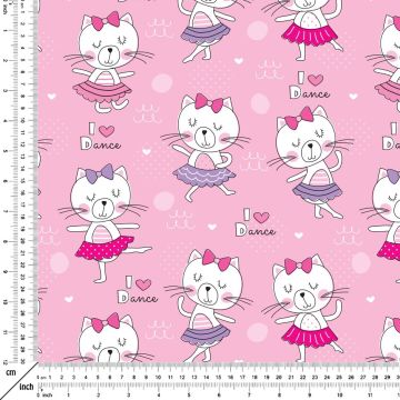 Pembe Zemin Üzerine Dans Eden Kedi Desenli Kumaş(SONBAHAR İNDİRİMİ)