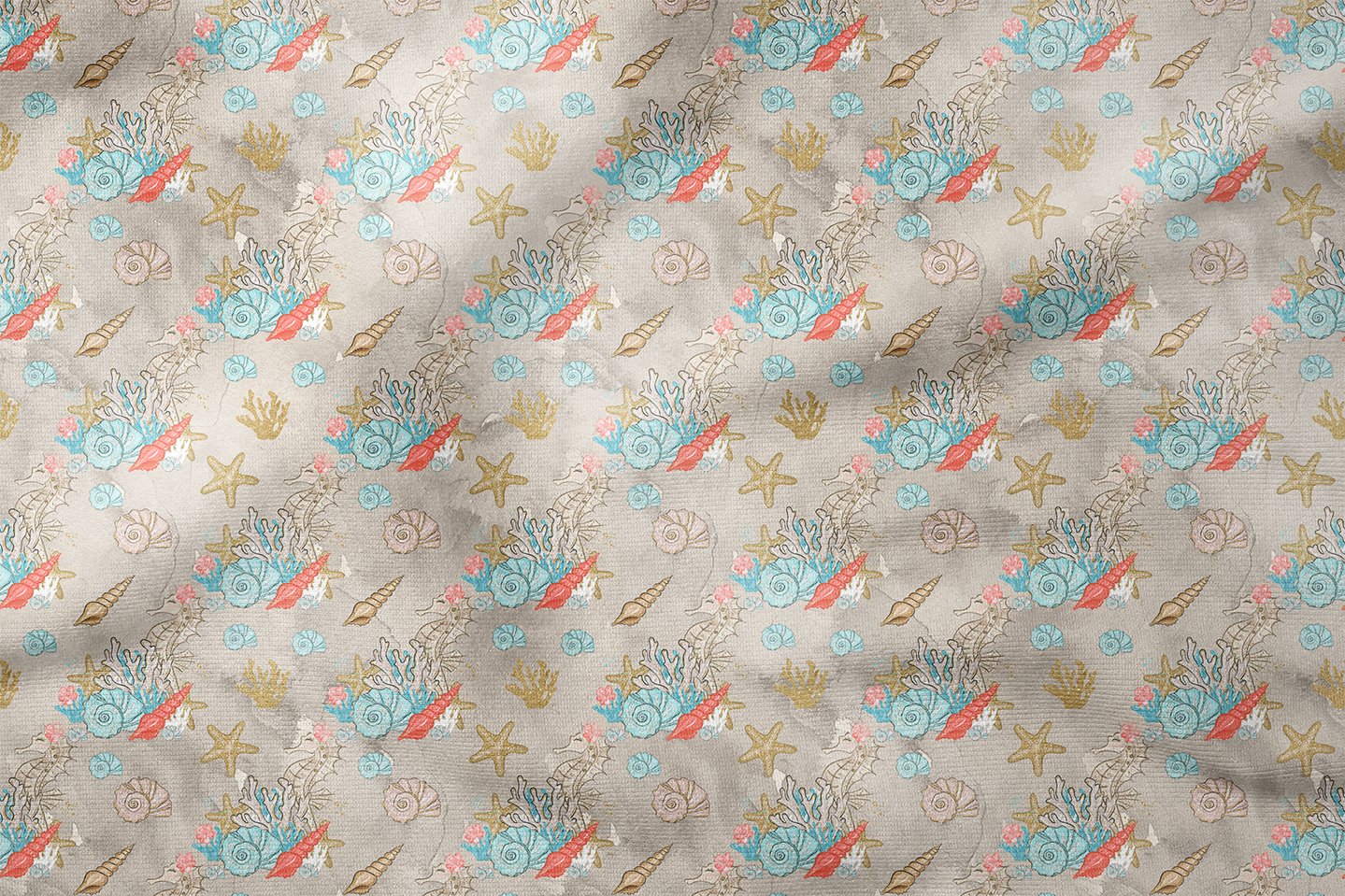 Bej Deniz Kabuklu Kumaş, Doğal Sahil Desenli Kumaş