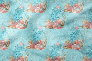 Летняя коллекция Mint Bubbles Подводная жизнь Ракушки и Морской конек Многоцелевая декоративная ткань с цифровой печатью