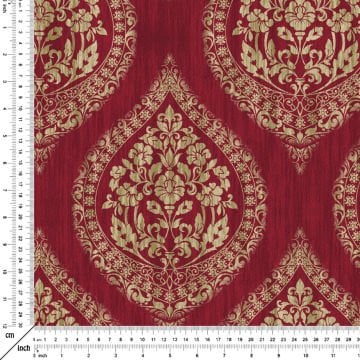 Eskitme Görünümlü Bordo Krem Tonlu Damask Desenli Kumaş