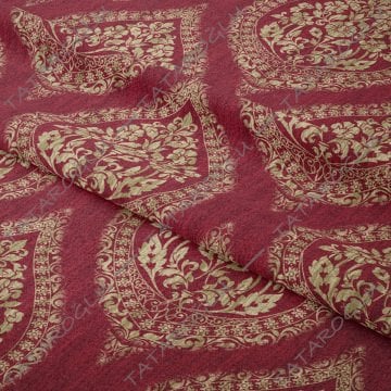 Eskitme Görünümlü Bordo Krem Tonlu Damask Desenli Kumaş