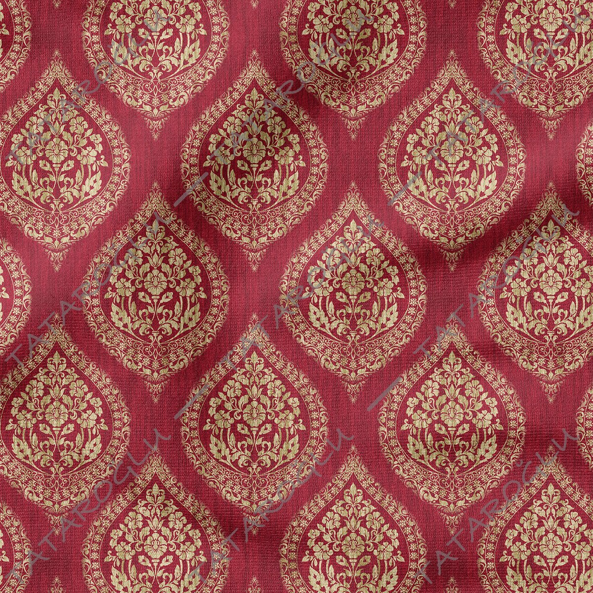 Eskitme Görünümlü Bordo Krem Tonlu Damask Desenli Kumaş