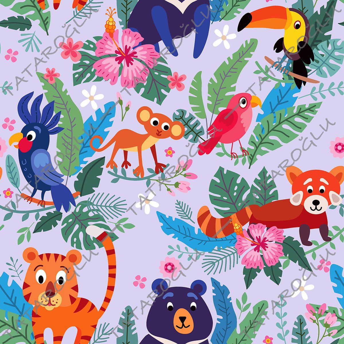 Mixed Forest Animals Digital Printed Fabric on a Lilac Background