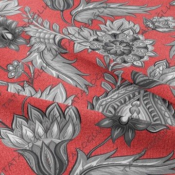 Gri Bordo Tonlu Eskitme Şal Motifi Desenli Kumaş