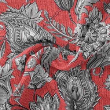 Gri Bordo Tonlu Eskitme Şal Motifi Desenli Kumaş