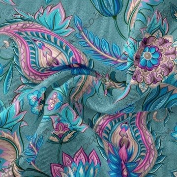 Mavi Pembe Tonlu Eskitme Şal Motifi Desenli Kumaş