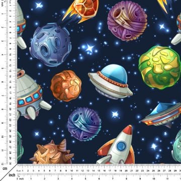 Planets Digital Printed Fabric on Navy Blue Background