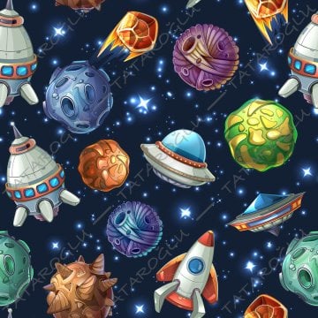 Planets Digital Printed Fabric on Navy Blue Background