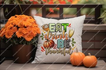 Eat Drink Be Thankful – Sonbahar Temalı 2’li Kırlent Panel Kumaş, 45x45cm
