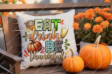 Eat Drink Be Thankful – Sonbahar Temalı 2’li Kırlent Panel Kumaş, 45x45cm