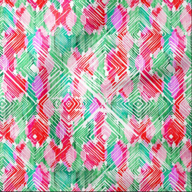Pembe Yeşil Kırmızı Renkli Zemin Üzerine Geometrik Desenli Kumaş