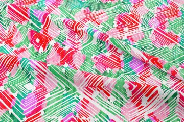 Pembe Yeşil Kırmızı Renkli Zemin Üzerine Geometrik Desenli Kumaş
