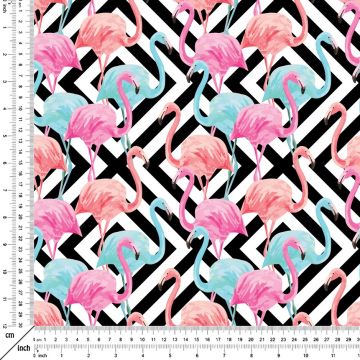 Tropikal Serisi-Siyah Beyaz Çizgili Büyük Pembe Mavi Flamingo Desenli Kumaş(SONBAHAR İNDİRİMİ)