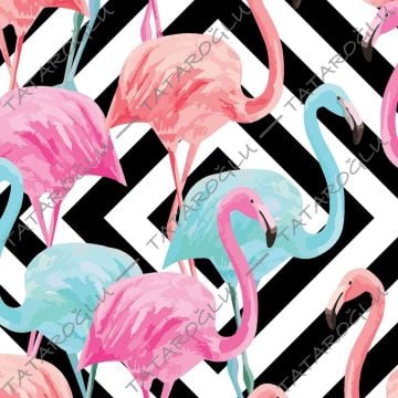 Tropikal Serisi-Siyah Beyaz Çizgili Büyük Pembe Mavi Flamingo Desenli Kumaş(SONBAHAR İNDİRİMİ)