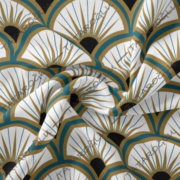 Art Deco Serisi Model-2 Mavi, Siyah, Altın Rengi Tonlu Geometrik Motifli Desenli Kumaş
