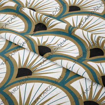 Art Deco Serisi Model-2 Mavi, Siyah, Altın Rengi Tonlu Geometrik Motifli Desenli Kumaş
