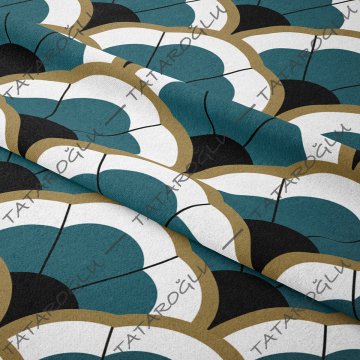 Art Deco Serisi Model-3 Mavi, Siyah, Altın Rengi Tonlu Geometrik Motifli Desenli Kumaş