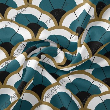 Art Deco Serisi Model-3 Mavi, Siyah, Altın Rengi Tonlu Geometrik Motifli Desenli Kumaş