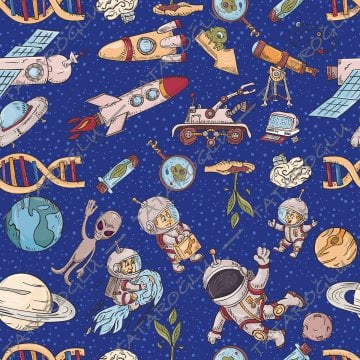Lacivert Zemin Üzerine Astronot Detaylı Dijital Baskılı Kumaş