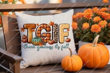 TGIF - Thank Goodness It’s Fall – Sonbahar Temalı Dijital Baskı Kırlent Kılıfı – 2’li 45x45 cm Kumaş