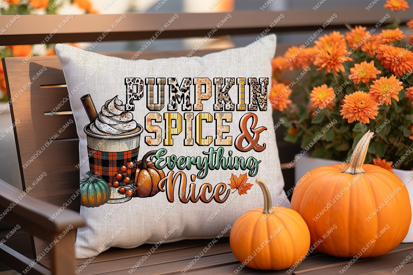 Pumpkin Spice & Everything Nice – Sonbahar Temalı Dijital Baskı Kırlent Kılıfı – 2’li 45x45 cm Kumaş
