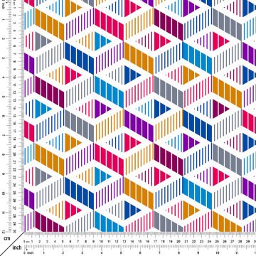 Beyaz Zemin Üzerine Mavi Gri Turuncu Mor Bordo Renkli Geometrik Desenli Kumaş
