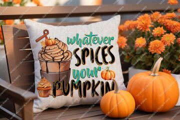 Whatever Spices Your Pumpkin – Sonbahar Temalı Dijital Baskı Kırlent Kılıfı – 2’li 45x45 cm Kumaş