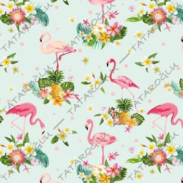 Tropikal Serisi-Su Yeşili Tropikal Ananaslı Çiçekli Flamingo Desenli Kumaş(SONBAHAR İNDİRİMİ)