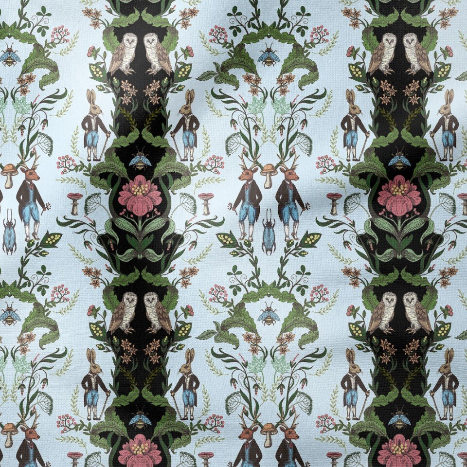 Tavşan Baykuş Orman Desenli William Morris Kumaş | Petek Dokulu Dekoratif Kumaş 143 cm