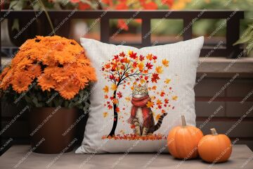 Sonbahar Kedisi – Sonbahar Temalı Dijital Baskı Kırlent Kılıfı – 2’li 45x45 cm Kumaş