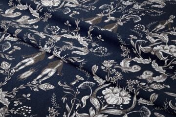 Lacivert Tavşan Baykuş William Morris Kumaş | Petek Dokulu Dekoratif Kumaş 143 cm
