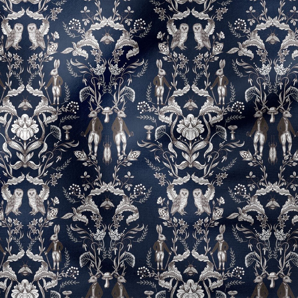 Lacivert Tavşan Baykuş William Morris Kumaş | Petek Dokulu Dekoratif Kumaş 143 cm