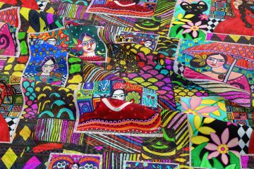 Renkli Geometrik Zeminli Frida Kahlo Desenli Kumaş(SONBAHAR İNDİRİMİ)