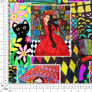 Renkli Geometrik Zeminli Frida Kahlo Desenli Kumaş(SONBAHAR İNDİRİMİ)