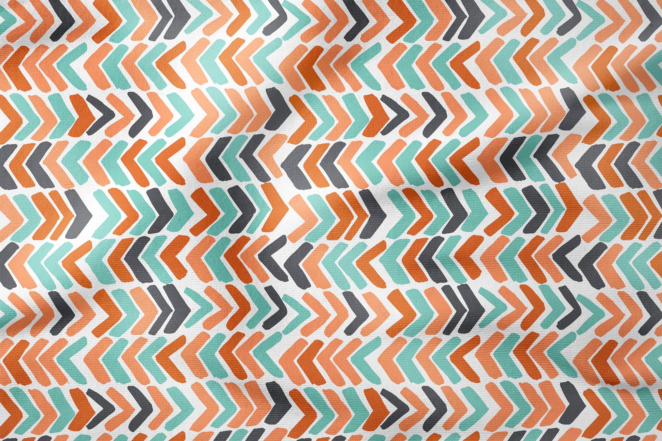 Beyaz Zemin Üzerine Turuncu Su Yeşili Koyu Gri Renkli Geometrik Desenli Kumaş