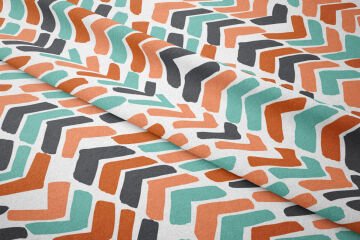 Beyaz Zemin Üzerine Turuncu Su Yeşili Koyu Gri Renkli Geometrik Desenli Kumaş