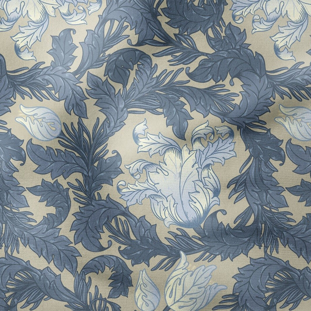 Mavi Akantus Yaprak Desenli William Morris Kumaş | Petek Dokulu Dekoratif Kumaş