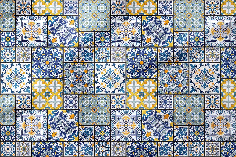 Mavi Sarı Lacivert Turuncu Renkli Çini Desenli Dijital Baskılı Kumaş