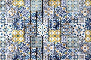 Mavi Sarı Lacivert Turuncu Renkli Çini Desenli Dijital Baskılı Kumaş