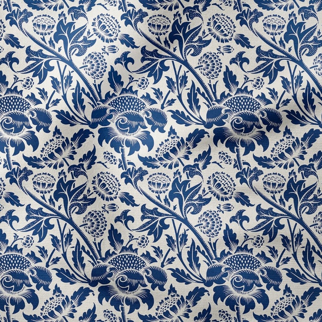 Mavi William Morris Çiçek Desenli Kumaş | Petek Dokulu Dekoratif Dijital Baskılı Kumaş