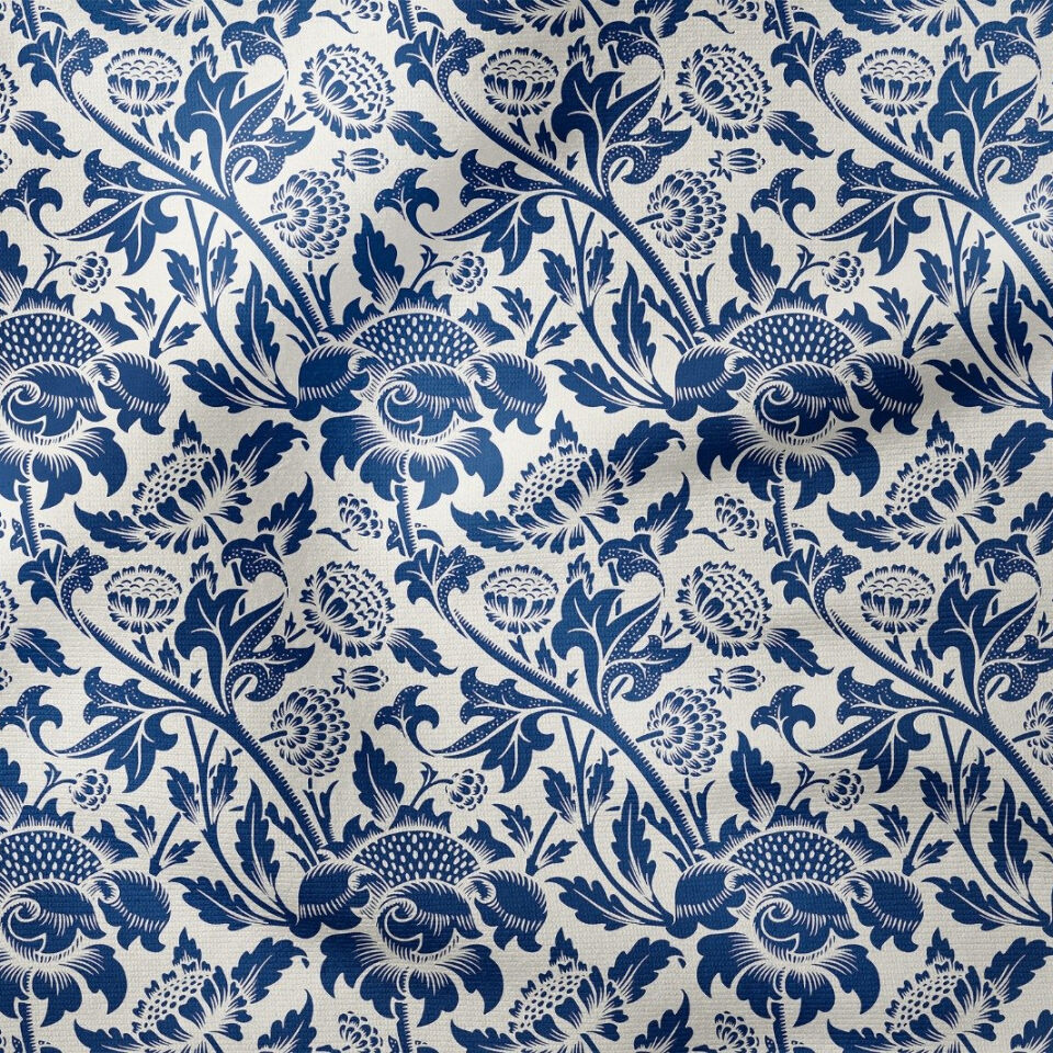 Mavi William Morris Çiçek Desenli Kumaş | Petek Dokulu Dekoratif Dijital Baskılı Kumaş