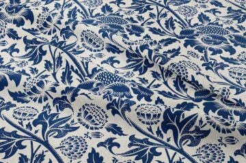 Mavi William Morris Çiçek Desenli Kumaş | Petek Dokulu Dekoratif Dijital Baskılı Kumaş