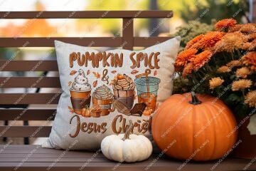 Pumpkin Spice & Jesus Christ – Sonbahar Temalı Dijital Baskı Kırlent Kılıfı – 2’li 45x45 cm Kumaş