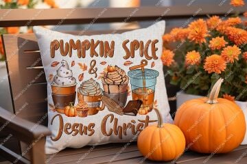 Pumpkin Spice & Jesus Christ – Sonbahar Temalı Dijital Baskı Kırlent Kılıfı – 2’li 45x45 cm Kumaş