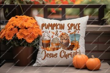 Pumpkin Spice & Jesus Christ – Sonbahar Temalı Dijital Baskı Kırlent Kılıfı – 2’li 45x45 cm Kumaş