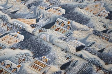 Yılbaşı Koleksiyonu- 3D Nakış Efektli Kar Manzaralı Kış Evleri Çok Amaçlı Dekoratif Dijital Baskı Kumaş
