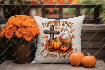Pumpkin Spice & Jesus Christ – Sonbahar Temalı Dijital Baskı Kırlent Kılıfı – 2’li 45x45 cm Kumaş